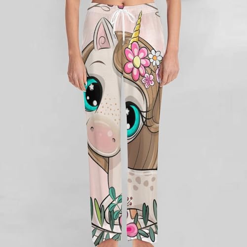 Bas de pyjama long licorne rose pantalon vêtement de nuit doux S
