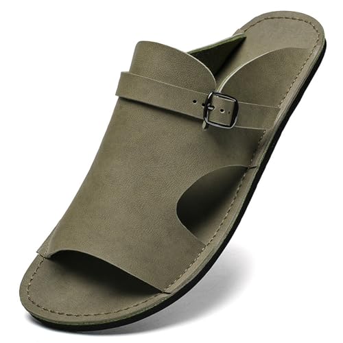 Men's Leather Breathable Soft Sole Beach Slides Sandals Retro Comfortable Hand Stitching Round Toe Buckle Strap Slip On Anti-Slip Flat Summer Casual Slides for Indoor Outdoor