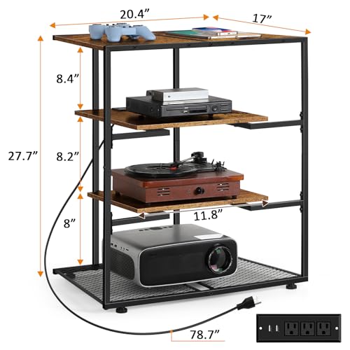 4-Tier AV Media Stand with Adjustable Outlets, Media Console, Audio Rack Tower Stereo Stands for Record Player, Living Room, Gaming Room, Office Room, and Music Studio, Rustic Brown - Image 4