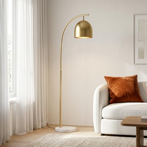 Image of Floor Lamp 3-Color CCT (Warm + Natural + Cold White) Arc Gold Metal with Marble Base | E27 | Standing Lamp for Living Room Bedroom