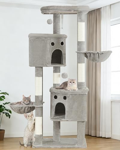 Kratzbaum Groß, Kratzbaum Grosse Katzen Stabil 213 cm hoch - Katzenbaum XXL, Mehrstöckiger Katzenbaum Grau mit 5 Kratzsäulen, 6 Plüschbälle, Plattformen, Höhlen