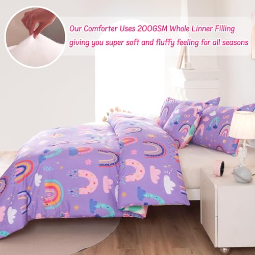 Image of Rainbow Girls Bedding Set Twin Size, Love Hearts Rainbow Comforter Set Twin Purple Bedding Sets for Girls Kids
