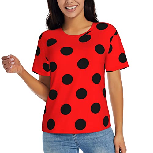 T-Shirt à Manches Courtes pour Femmes, Rouge et Noir, à Pois, Coccinelle, T-Shirt Ultra Doux à col Rond