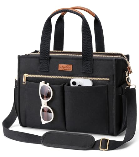 Canvas Tote Bag for Women 15-Pocket Large Crossbody Purse Shoulder Satchel Handbag Bible Laptop Bag Zipper Bookbag for Teacher Nurse Work Travel College Everyday