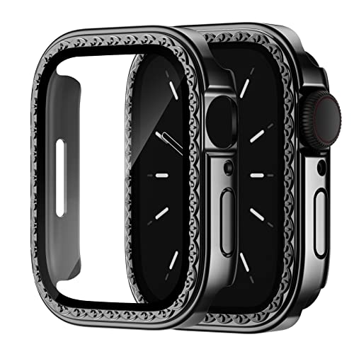 Recoppa Compatible for Apple Watch Series 7 Screen Protector 45mm with Slim Tempered Glass,Hard PC Elegant Cases Protective Cover for iWatch 7 45mm Black*Black 2Pack