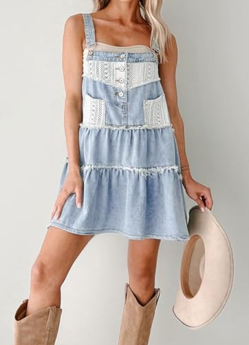 chouyatou Women's Summer Distressed Short Denim Overall Dress Adjustable Strap Lace Crochet Spliced Tiered Jean Dress4