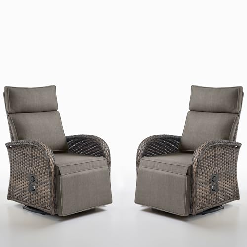 Swivel Outdoor Recliner Chair Set of 2 - Reclining Patio Chair with Adjustable Backrest and Footrest, All-Weather Wicker Chaise Lounge Chair Outdoor for Pool Deck (Upgraded 2.0)