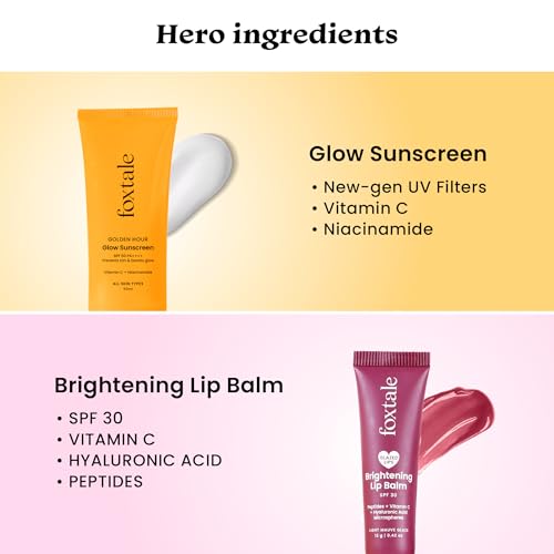 Image of Foxtale SPF Power Pair | SPF 50 Glow Sunscreen & SPF 30 Brightening Lip Balm | Broad Spectrum UV Protection | Prevents Tanning & Pigmentation | Hydrates & Brightens Skin & Lips | With Vitamin C, Niacinamide, Peptides & Hyaluronic Acid | Lightweight, Non-Greasy, No White Cast | Daily Face & Lip Sun Protection