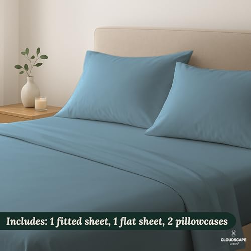 Cloud Scape Linen 100% Egyptian Cotton 4 Pcs California King Sheet Set, 1000 Thread Count,Hotel Quality, Silky Soft, Breathable, Durable, Deep Pockets up to 17, Estate Blue