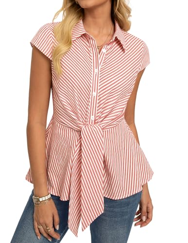 GRACE KARIN Women's Striped Tops Summer Peplum Cotton Shirt Smart Casual Office Work Blouse Tie Front Cap Sleeve Tunic Orange L