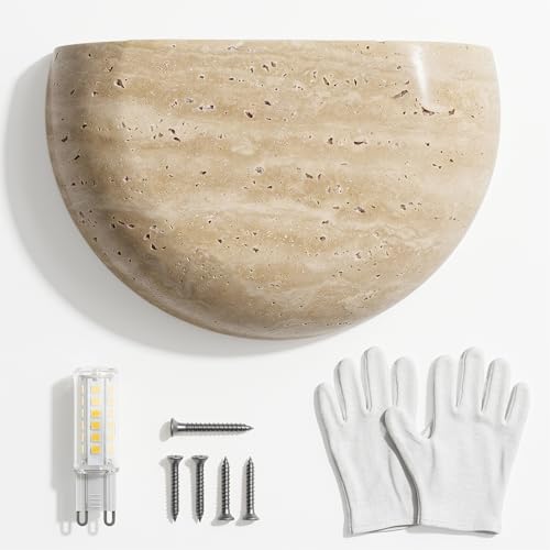 LIJIAOAIXZ Natural Travertine Wall Sconce 7.87 Hardwired Half Moon Stone Light Up or Down Facing Organic Modern Decor Japanese Wabi Sabi Yellow G9 Ambient Sconce for Bedroom Living Room