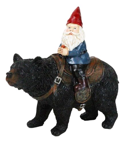 Ebros Gift Whimsical Mr Old Gnome Riding On Harnessed Black Bear Figurine Fantasy Travelling Garden Gnomes DIY Fairy Home Decor