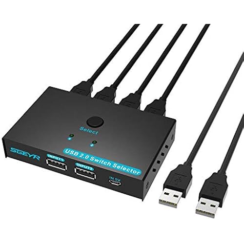 SGEYR Metal USB Switch 2 Computers Sharing 4 USB Devices USB 2.0 Switcher Box, USB Peripheral Switch Adapter, for Printer, Mouse, Scanner, PCs with One-Button Swapping and 2 Pack USB A to A Cable
