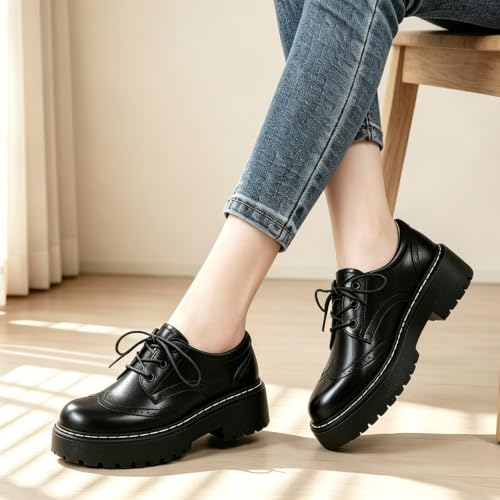 Image of Womens Oxford Shoes Black Leather Platform Oxford Shoes for Women Brogue
