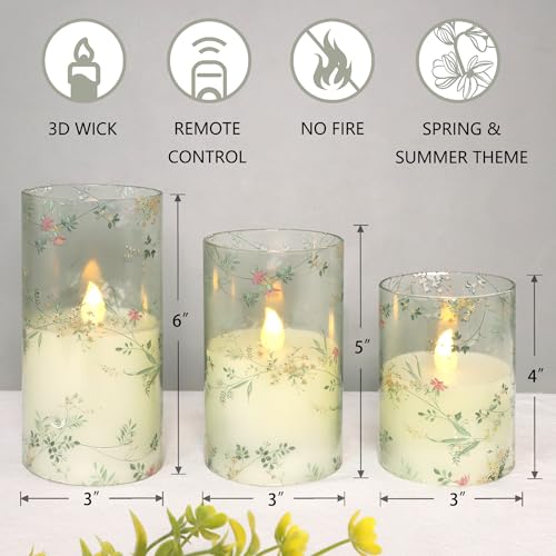 Image of Glass Flameless Candles Flickering Battery Operated LED Pillar Candles Set of 3 with Timer and and 10-Key Remote Green Branch Floral Spring Summer Theme for Wedding Festival Home Decoration