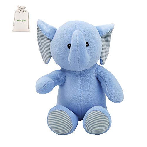 Organic Cotton Animal Elephant - Soft Toy Stuffed Animal Plush Elephant (Infant Baby First Lovely Elephant), 7.9 inch (Blue)