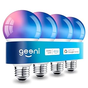 Geeni Smart Light Bulbs – Color Changing & Tunable White, Dimmable, Works with Alexa & Google Home, 2.4 GHz WiFi, A19, 800 lm, 4 Pack