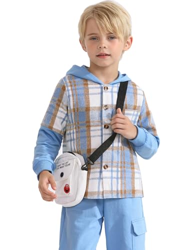 Image of 2Pcs Boys Clothes Sweatsuit Set Hoodie Flannel Plaid Shirt and Jogger Pants for Kids Fall Winter Spring Outfits