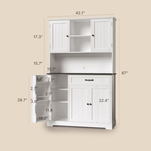 Image of Gizoon Kitchen Pantry Cabinet with Microwave Shelf Tall Coffee Bar Cabinet with Doors and Shelves Farmhouse Kitchen Hutch with Storage for Dining Room and Craft Room, Painted White and Black