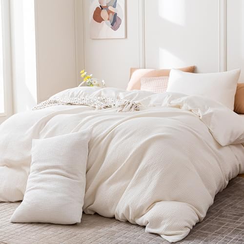 Bedsure Queen Waffle Weave Duvet Cover Set - 100% Cotton, 3-Piece (Duvet + 2 Shams) In Coconut White