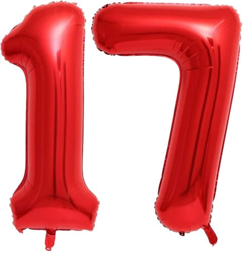 Image of Red 17 Number Balloons,40 Inch 17 Balloons Foil Mylar Helium Big Red 17 Balloon Number for Birthday Party Anniversary Decorations