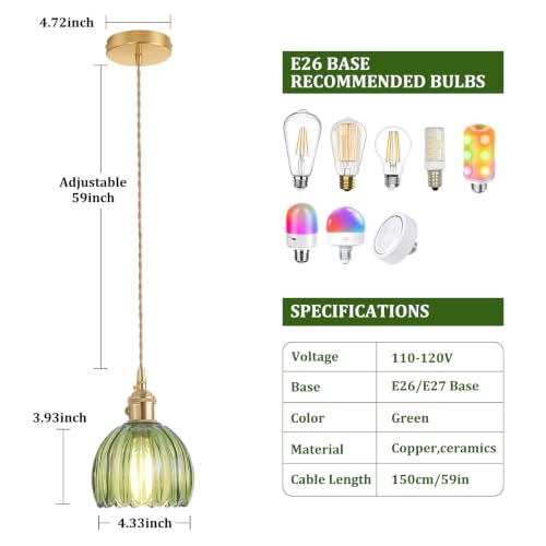 Image of Shenmoyl Pendant Light 2 Pack with Green Tulip Glass Lmapshade, Brass Vintage Pendant Light Adjustable Hanging Light for Kitchen Island Dining Room Hallway