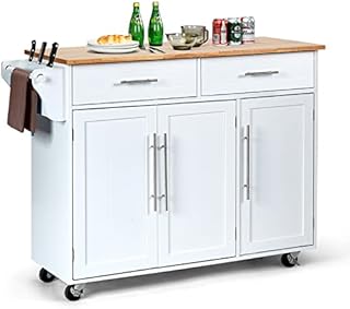 ORNAMENT Kitchen Storage Trolley Cart Rolling Island Shelves Cupboard 3 Doors Cabinet Bar Surface Made Rubber Wood Four Universal Wheels Two Brakes Heigh Adjustable