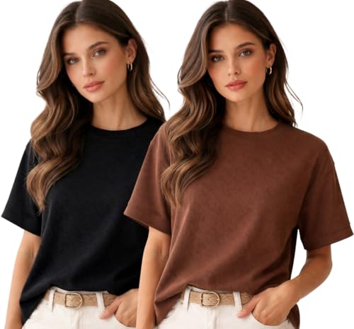 DIS INVENT Women's Polycotton Half Sleeve Round Neck Oversized Solid Combo T-Shirts (Black, Brown; S) Deal
