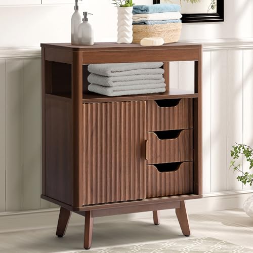 GIODIR Fluted Floor Bathroom Cabinet with Sliding Door, Modern 3