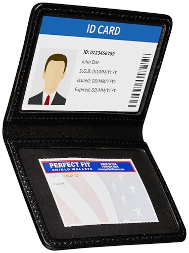 Perfect Fit Shield Wallets 2 ID Leather License Holder Bifold Double I.D. Credit Card Gun Permit For Larger Cards Slim Wallet Case (Black)