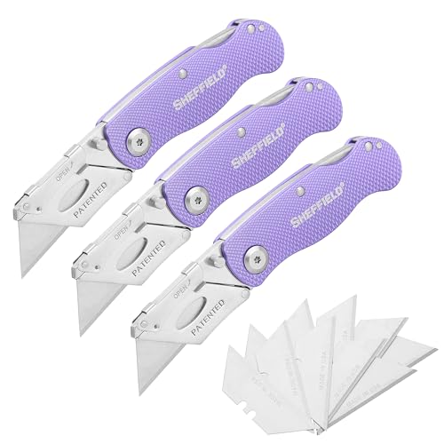 Image of Sheffield Lock Back Utility Knife 3 Pack with 10 Utility Knife Blades | Box Cutter with Aluminum Texture Grip Handle, Features Pocket Clip, Patented Quick Change Utility Blade Mechanism