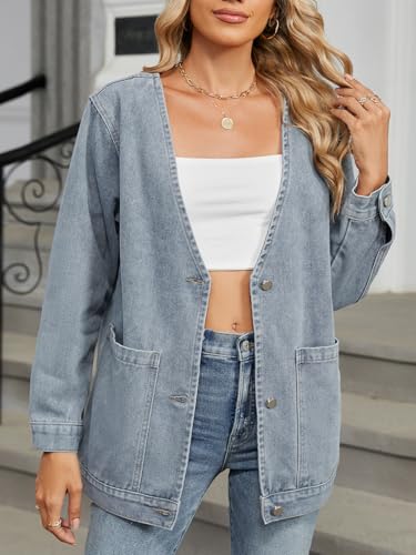Women's Long Sleeve Denim Coat Oversized Button Down V Neck Washed Jean Jacket with Pockets4