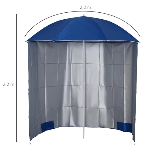 Outsunny Ombrellone Da Spiaggia Ø2.2X2.2 M Con Tendina Laterale, Sacchi Per Sabbia E Picchetti, Ombrellone Da Mare Con 8 Stecche E Design A 2 Sezioni In Metallo E Poliestere, Blu - 7