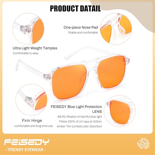 Image of FEISEDY Retro 70s Blue Light Filter Glasses 99.99% Blue Light Blocking Gaming Glasses Computer Glasses for Men Women Amber Tinted G2835