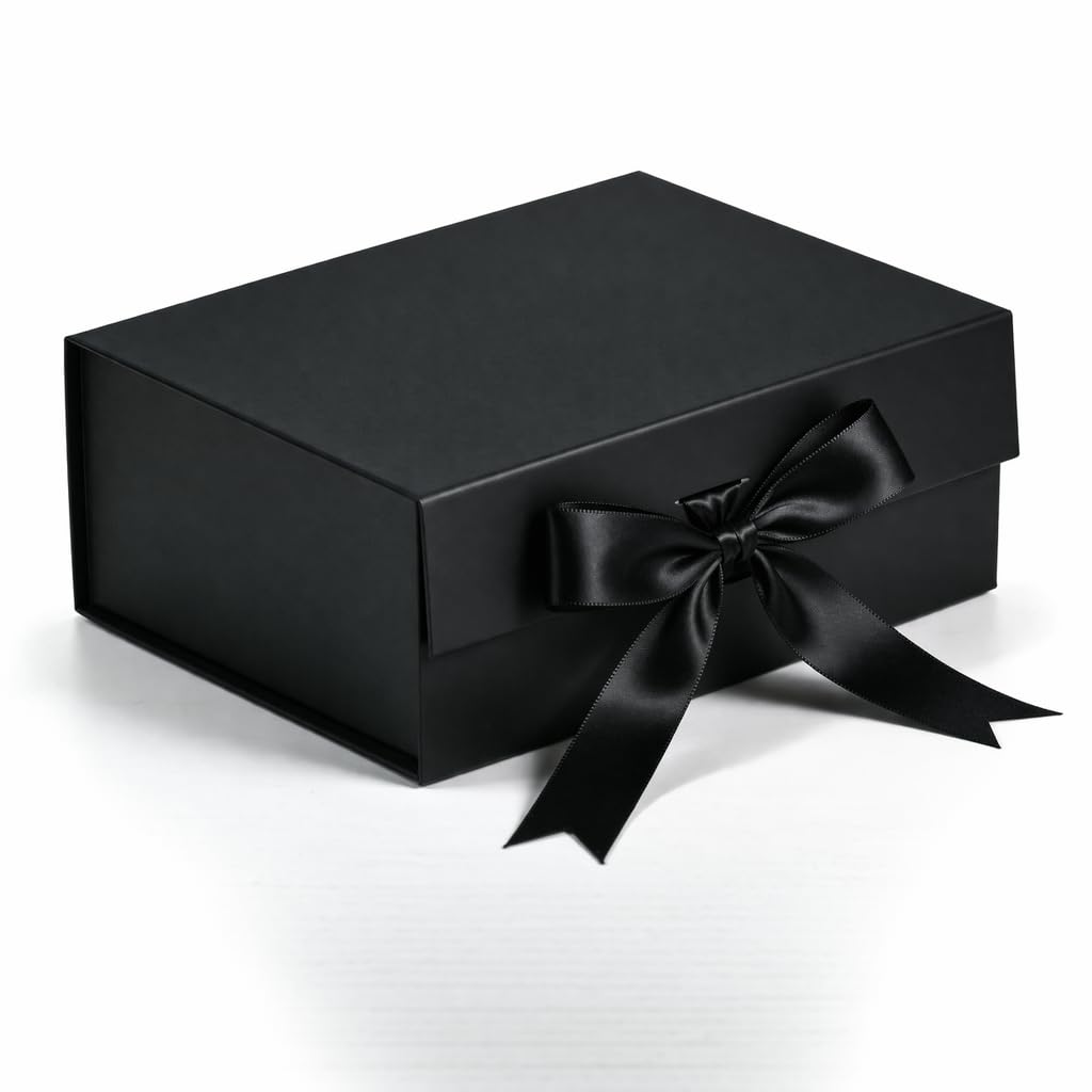 SHIVAMKRAFT 1 Piece Black Magnetic Gift Box with Ribbon for Birthday & Wedding Hamper, Collapsible Premium Gift Box for Return Gifts & Packaging (25 x 20 x 10 cm) (BLACK)