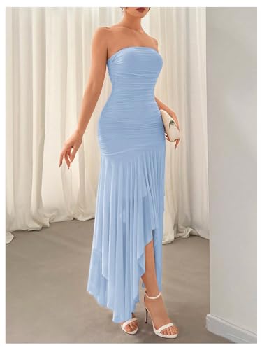 Floerns Tube Tops Dress for Women Asymmetrical Stretch Sexy Ruched Long Bodycon Cocktail Evening Wedding Guest Dress4