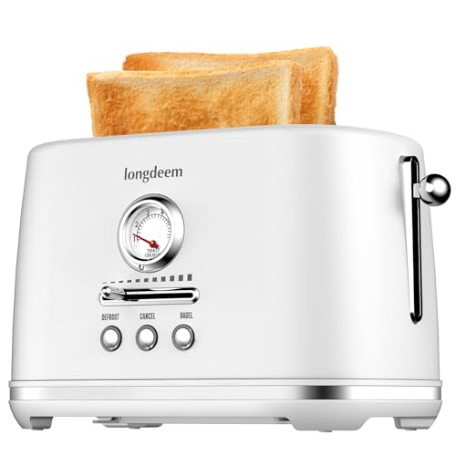 LONGDEEM Retro 2-slice toaster with extra wide and deep slots, 6 golden steps and 3 functions: reheat, defrost and break down, stainless steel, removable crumb tray