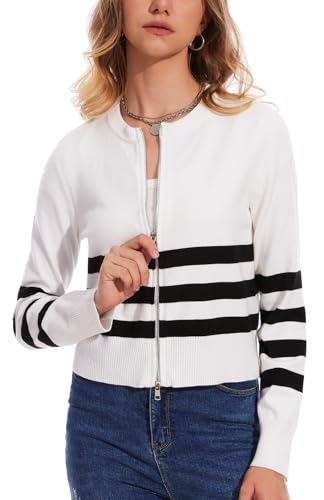 Image of MISS MOLY Women's Striped Cardigan Sweaters Full Zip Trendy Long Sleeve Round Neck Dressy Casual Knit Pullover Sweater White XS