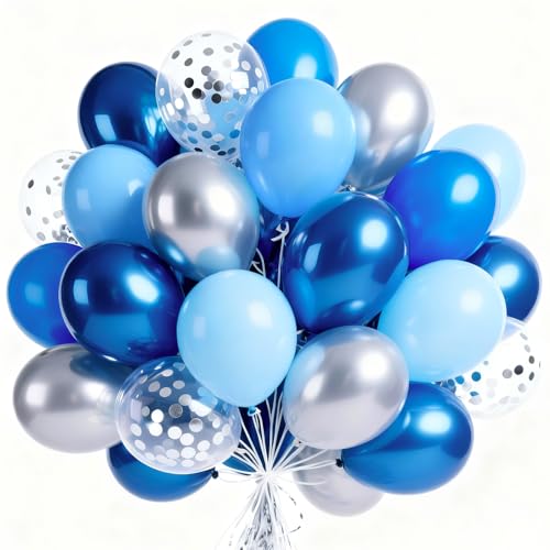 Image of PartyWoo Blue and Silver Balloons 66pcs 12 Inch Light Pastel Baby Metallic Pearl Blue Metallic Chrome Silver Confetti Balloons for Gender Reveal Wedding Baby Shower Birthday Party Decorations
