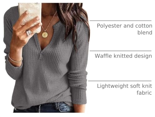 Image of Farktop Womens Long Sleeve Tops Henley V Neck Lightweight Pullover Sweaters | Casual, Loose Fit, Fall, Winter, Warm, Waffle Knit Shirts