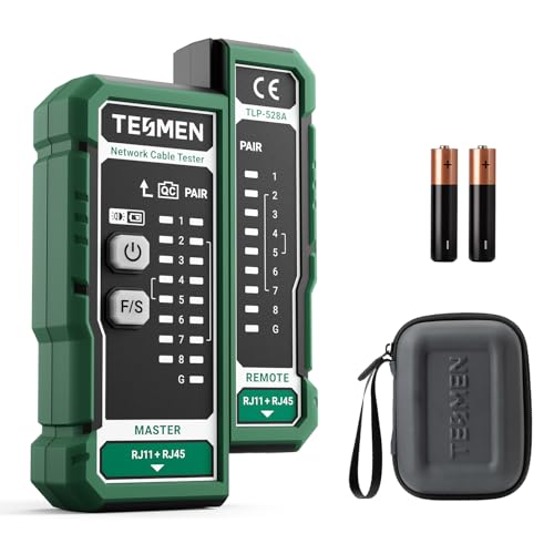 TESMEN TLP-528A Probador de cables de red para RJ11 y RJ45, probador Ethernet LAN/TEL con prueba de continuidad & QC, para CAT5/CAT6/CAT7, ideal para mantenimiento de cables – Verde