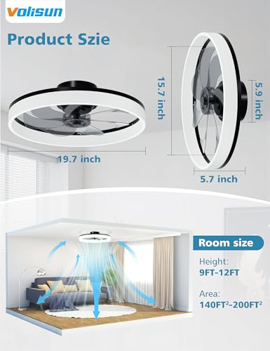 VOLISUN Low Profile Ceiling Fans with Lights and Remote, 20in Fandelier Ceiling Fan with Light, 3000K-6500K Dimmable Bladeless LED Fan Light, Black Flush Mount Ceiling Fans with Lights for Bedroom - image 7