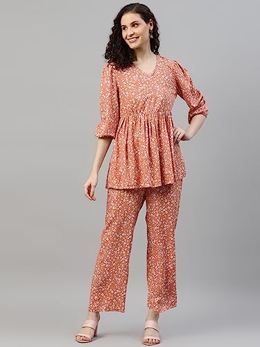 Image of DEEBACO Women's Floral Rayon Flared Tunic & Straight Pants Co-Ord Set for Women V-Neck & 3 /4 Puff Sleeve Ladies Party Casual Wear Fashionable for Girls Relaxed Fit Cord Set (Orange)