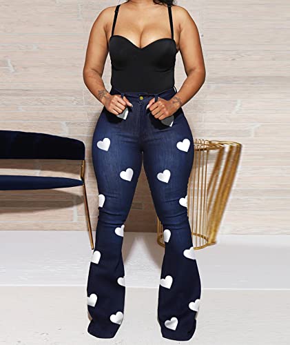 SEMATOMALA Women's Bodycon Denim Flared Leg Jeans Pants Heart Printed Color Contrast Slim Bell Bottom High Waist Trousers4