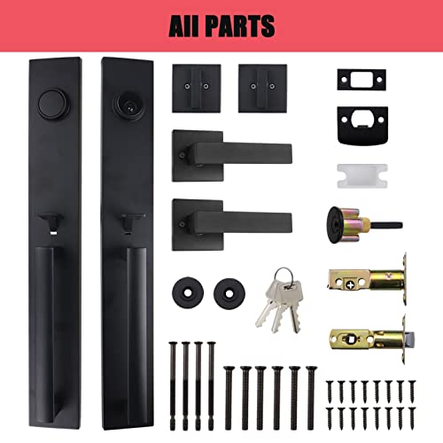 Virego Double Door Handle Set With Dummy, Iron Black Full Escutcheon Double Front Door Handle Set With Key, Heavy Duty Square Door Lever And Single Cylinder Deadbolt Combo #TOP5