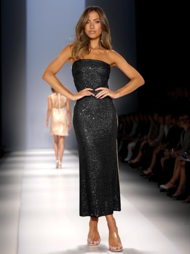Image of Women Strapless midi Sequin Dresses Bodycon Sleeveless Wedding Guest Sparkly Glitter Formal Cocktail Dress