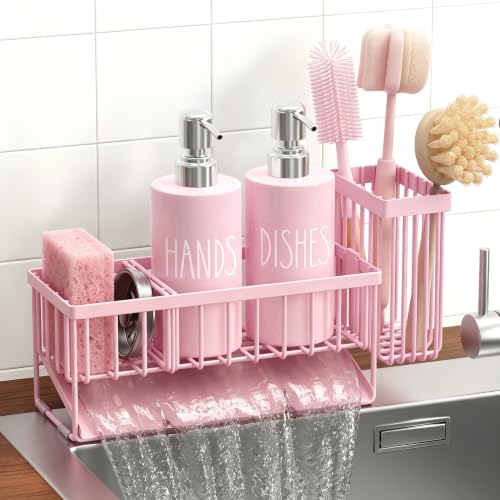 Image of MASADI Pink &Silver Kitchen Dish Soap Dispenser Set with Sponge Holder, 12OZ Glass Bottle, Hand and Dish Soap Dispenser Set, Non-Slip Silicone Pad, Brush Holder, Kitchen Sink Organizer Countertop