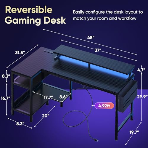 DUMOS Gaming Desk, Computer Desk with USB Charging Ports, Power Outlets, Type-C and LED Lights, Reversible L Shaped Desk with Storage Shelves & Monitor Stand for Office Gaming Room Black 48IN - Image 4