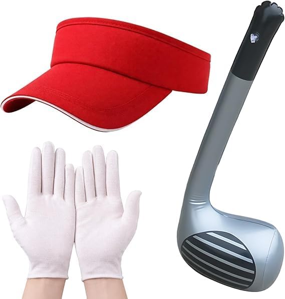 XcnPer 3 PCS Pub Golf Fancy Dress Set, Complete Golf Costume Accessories with Inflatable Golf Club and Red Visor, White Gloves for Themed Parties and Pub Nights