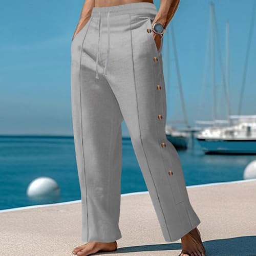 Linen Pants for Men Drawstring Ventilate Button Long Trousers Straight Loose Lounge Pants Solid Color Casual2